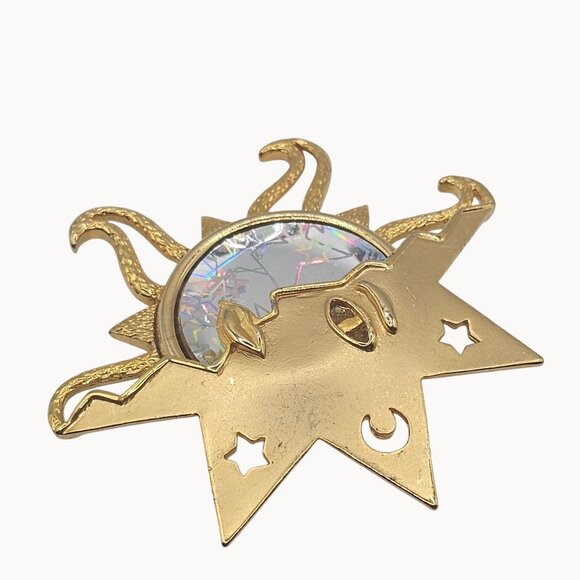 Gold-Toned Unique Sun/Moon Shiny Figural Statement Fashion Jewelry Brooch - Picture 6 of 9
